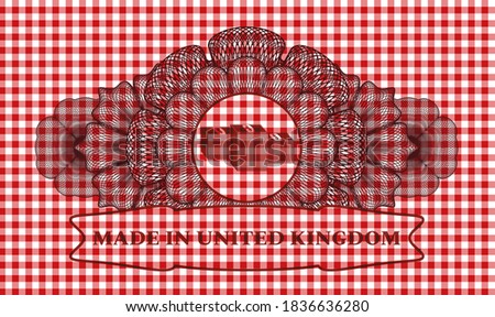 Linear currency decoration Stacks of money icon and Made in United Kingdom text red checkered tablecloth badge. Restaurant graceful background. Vector illustration. 