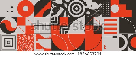 Geometric distress aesthetics in abstract pattern design. Brutalism inspired vector graphics collage made with simple geometric shapes and grunge texture, useful for poster art and digital prints.