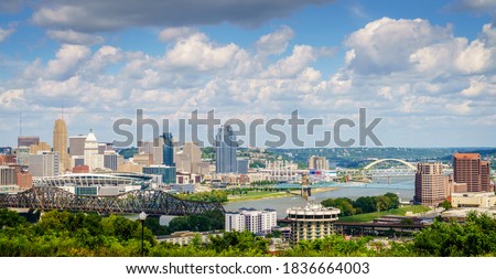 Scenic view of downtown Cincinnati skyline and bridges across the Ohio River