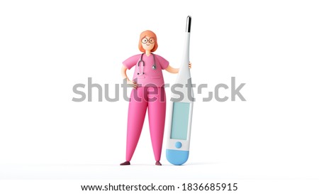 3d render, cartoon character woman doctor wears pink uniform, glasses and stethoscope. Stands near the big thermometer, medical clip art isolated on white background. Blank mockup with copy space