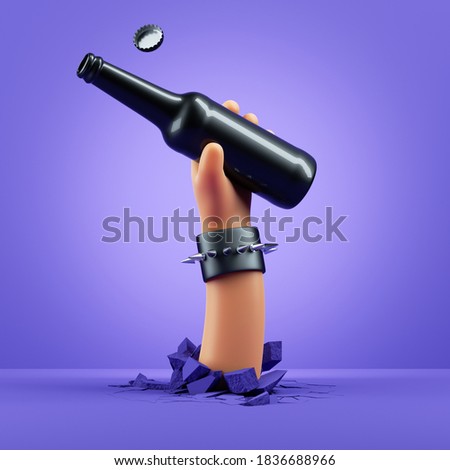 3d render, cartoon character hand holds black glass bottle of beer, commercial poster mockup. Rock concert clip art isolated on violet background