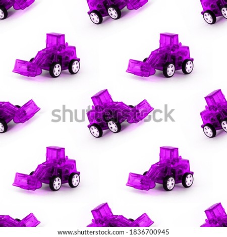 Colored decorative tractor seamless pattern on a white background. Colorful toy purple plastic tractor isolated on white background.  Toy for children. Poster for advertising.