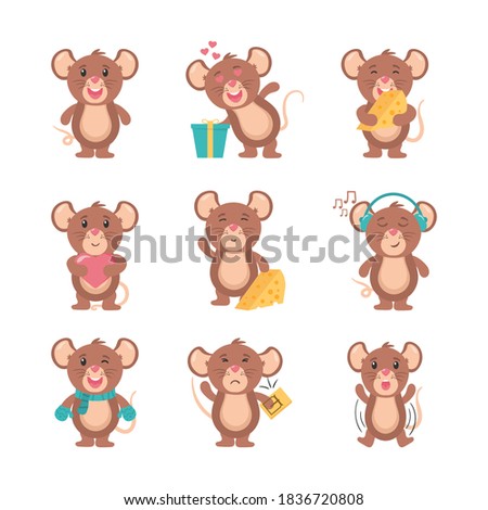 Mouse cartoon animal, little rodent adorable, happy cheerful mascot vector illustration. Funny little grey mouse collection. Set of cute mice on white background. Little rat with food, character.