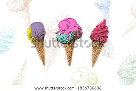 Bright banner with ice cream illustration. Template advertising placards design. Hand drawn vector clip art. 