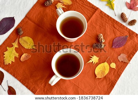 Warm cozy pumpkin spice beverage during cool autumn days with fall leaf decorative elements 