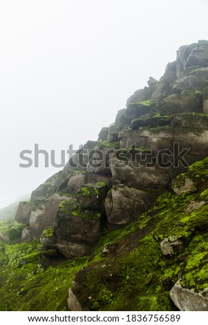 Image of foggy mountain. Green hill full of moss.