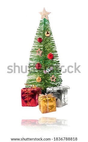Christmas holliday card. Flying in the air christmas tree isolated on the white background. Merry christmas levitation concept. High resolution image.