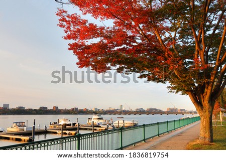Boston Skyline in autumn showing  the Charles River at sunrise, Boston Massachusetts. 