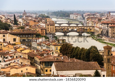 Aerial view of Florence, Italy. Ponte Vecchio (Old Bridge) and other bridges over the Arno River.