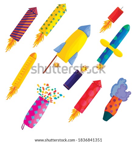 flying rockets and fireworks multicolored icons isolated on white background. festive salute vector. smoke firecracker, chinese fireworks, rocket, firecracker