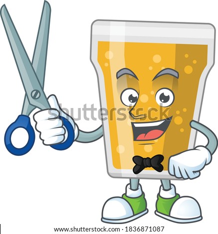 A picture of mug of beer Barber cartoon character working with scissor. Vector illustration