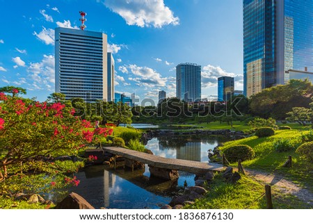 Japanese Metropolitan Cultural Heritage Gardens in Tokyo- Kyu-Shiba-rikyu Gardens. It represents a typical "kaiyu-style"(circuit style)pond-centered garden, featuring excellent rock and land formation