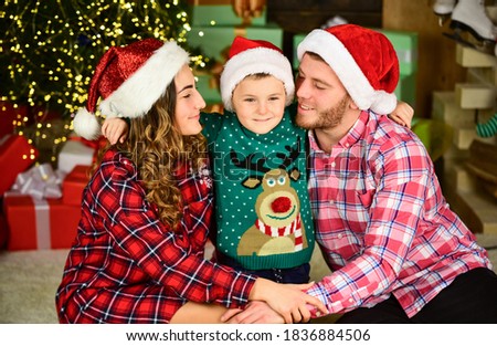 Happy holidays. Spend time with family. Parents and child christmas eve. Christmas tradition. Father and mother with cute son christmas tree background. Idyllic moment. Family values. Boxing day.