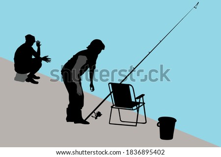 Vector isolated on background silhouettes of 2 women on fishing. The girl is sitting, the woman is leaning over. Silhouette of folding tourist chair spinning figures of people outdoors hands palms