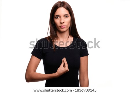Isolated in white background brunette woman saying worried in spanish sign language