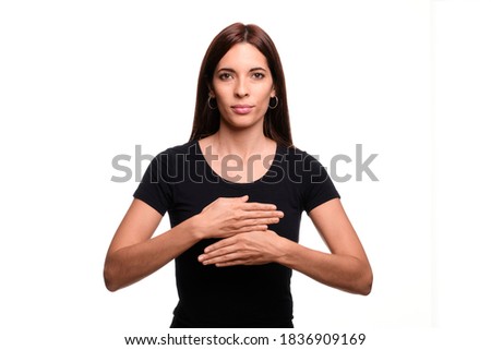 Isolated in white background brunette woman saying thursday in spanish sign language