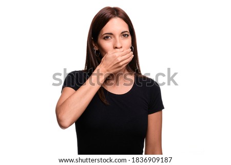 Isolated in white background brunette woman saying heat in spanish sign language