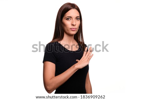 Isolated in white background brunette woman saying please in spanish sign language