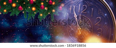 New Year banner with clock. Neon lights, holiday lights. Time shows 12 o'clock, New Year and Christmas 2021. Winter holiday background.