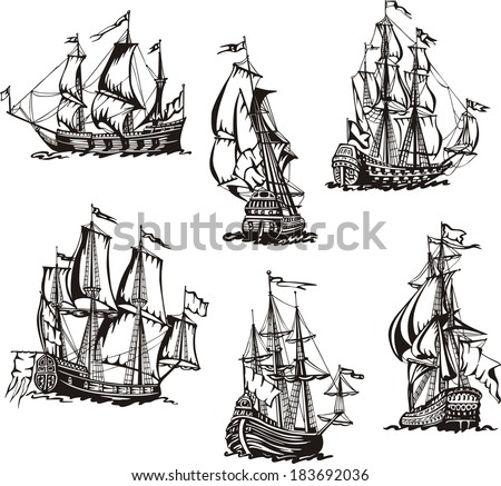 Black and white sketches of sailing ships. Set of vector illustrations. Royalty-Free Stock Photo #183692036