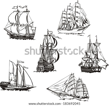 Black and white sketches of sailing ships. Set of vector illustrations. Royalty-Free Stock Photo #183692045
