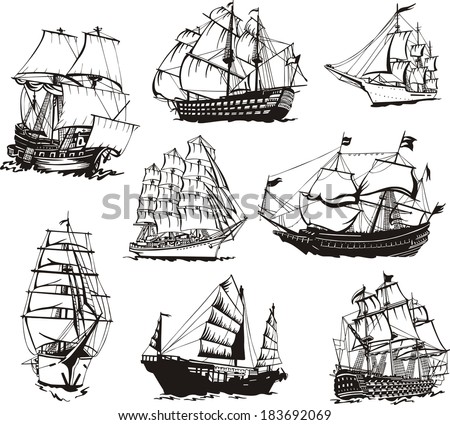 Black and white sketches of sailing ships. Set of vector illustrations. Royalty-Free Stock Photo #183692069