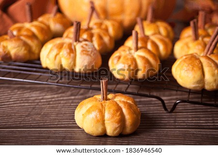 Pumpkin buns on the baking rack. Autumn concept.