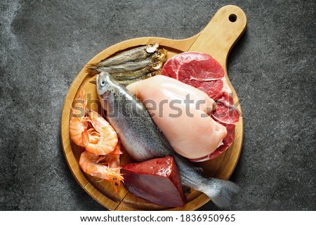 Animal protein sources - meat, fish, seafood Royalty-Free Stock Photo #1836950965