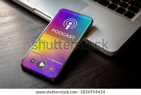 Podcast Streaming Mobile application concept. Listening to Podcasting Radio Services on smartphone. Podcast microphone and play bar icons. Podcast concept of interviews, audio and music programs, news Royalty-Free Stock Photo #1836954424