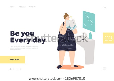 Morning skin care treatment concept of landing page with girl holding towel at mirror in bathroom after cleansing or moisturizing her skin. Skincare daily routine concept. Vector illustration