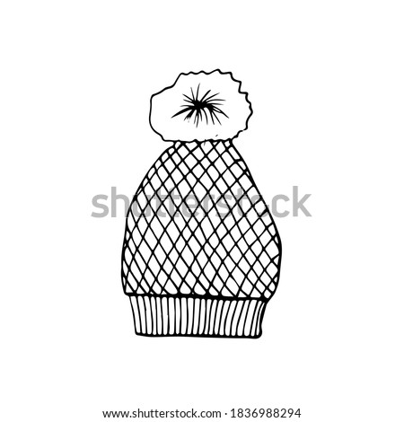 Knitted winter wool hat with pompom. Hand drawn clip art isolated on white background. Vector stock illustration. Holiday decoration.