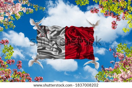 Pigeons and Malta flag, with beautiful flowers in the sky