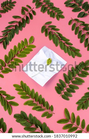 White paper card note laying in bright green leaves on pink background. Romantic fall wedding invitation. Birthday greeting card. Mother`s day. Flat lay, copy space.