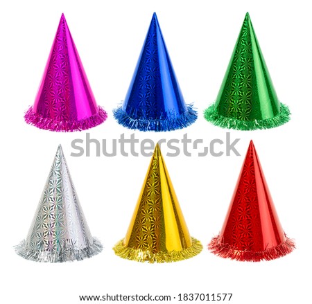 Colorful party hats set Different festive headwear . Cone shaped cardboard head wear isolated on white background. Birthday celebration accessory
