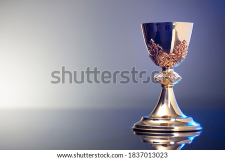 Catholic concept. Golden chalice on grey background. Royalty-Free Stock Photo #1837013023