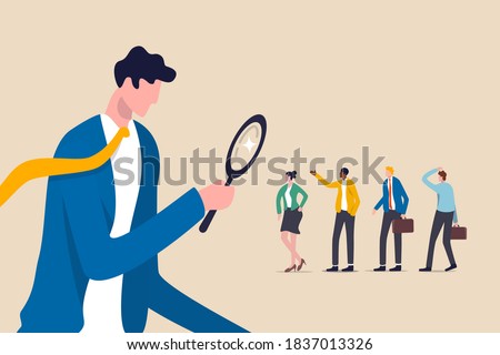 Recruitment searching the best candidate or job, Human resources, head hunt, choosing talent for job vacancy concept, employer boss or HR use magnifying glass to choose job interview people Royalty-Free Stock Photo #1837013326