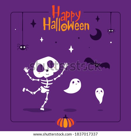 Postcard on the theme of Halloween. Vector image with skeleton, bat, ghosts and spiders. Happy halloween lettering.
