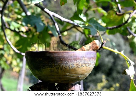 Tibetan singing bowl on a wooden fence. Translation of text : "Transform your impure body, speech and mind"