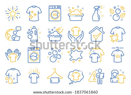Laundry line icons. Dryer, Washing machine and dirt shirt. Laundromat, hand washing, soap bubbles in basin icons. Dry t-shirt, laundry service, dirty smudge spot. Clean clothes. Line icon set. Vector