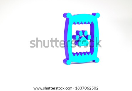 Turquoise Bag of food for dog icon isolated on white background. Dog or cat paw print. Food for animals. Pet food package. Minimalism concept. 3d illustration 3D render