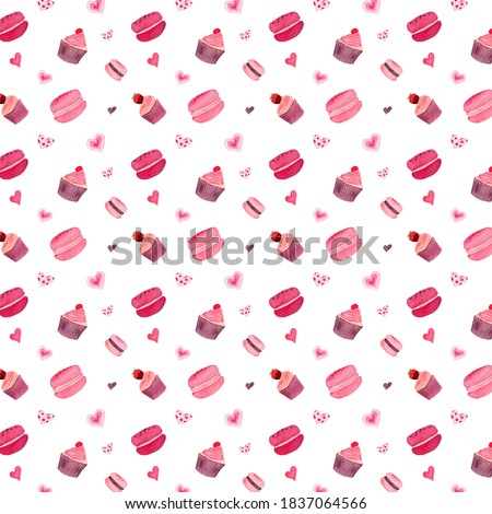 Macarons, Cupcakes and Hearts watercolor. Pink Sweet Art background. Love, Marriage, Wedding, Birthday, Celebration, Anniversary wallpaper. Decorative seamless pattern. Scrapbooking clip art. 