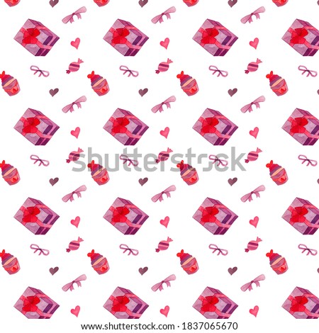 Gifts, Ribbons and Candies Watercolor Pink Sweet Art background. Love, Marriage, Wedding, Birthday, Celebration, Anniversary wallpaper. Decorative seamless pattern. Scrapbooking clip art. 