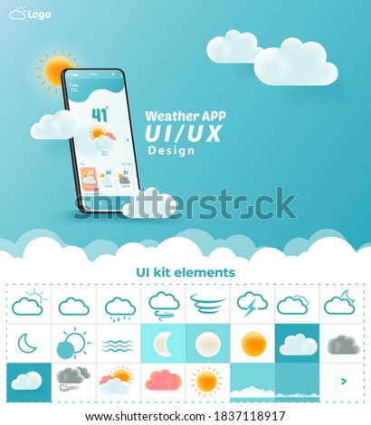 Weather App UI/UX Kit Elements, Website Landing Page Vector