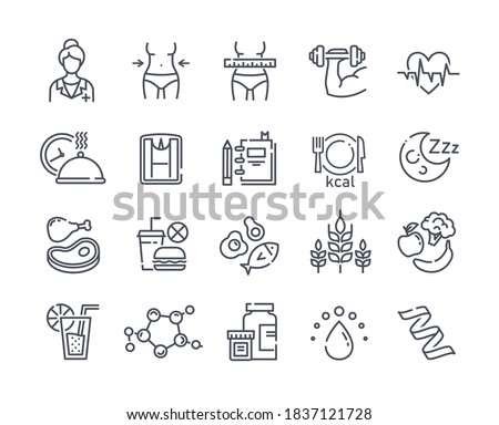Large set of line black and white drawn diet icons depicting healthy fresh food and takeaways, tape measure, dieting, waistline and exercise, vector illustration Royalty-Free Stock Photo #1837121728