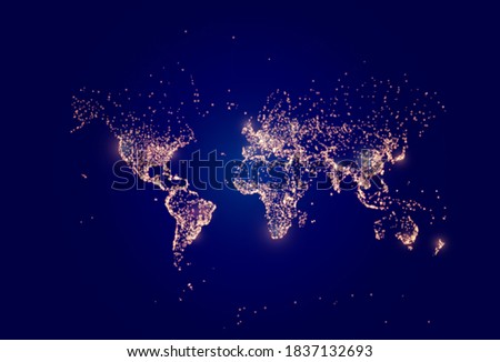 Earth night map. Vector illustration of cities lights from space. Neon dark map. Country or Region background for earth day, web locate