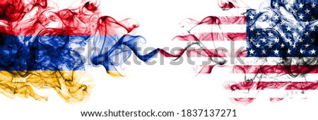 Armenia vs United States of America, America, US, USA, American smoky mystic flags placed side by side. Thick colored silky abstract smoke flags