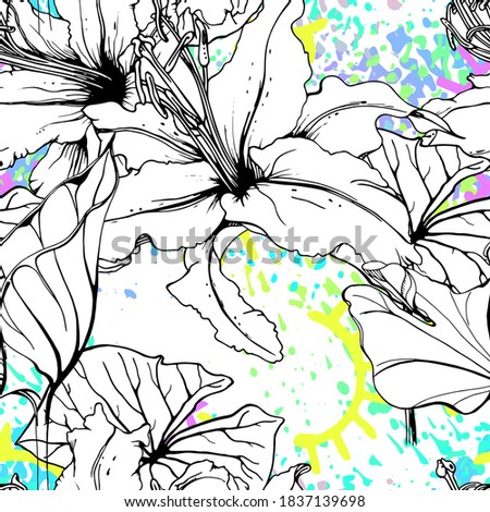 Artistic Floral Seamless Pattern. Outline Flowers Surface. Botanical Vector Motif. Blooming on Watercolor Texture For Fashion. Drawing Abstract Leaf. Trends Tropic Background. Black and White Print.