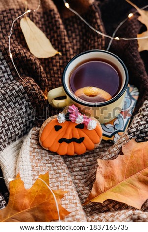 halloween decoration, homemade cookies, Halloween food background -Gingerbread Cookies with yellow cup of tea