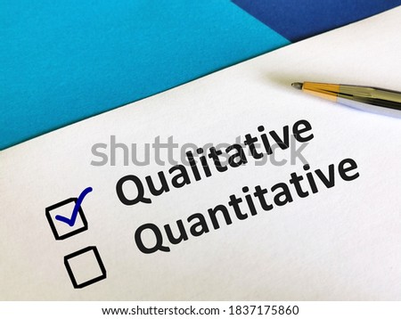 One person is answering question. He is choosing between qualitative and quantitative. Royalty-Free Stock Photo #1837175860