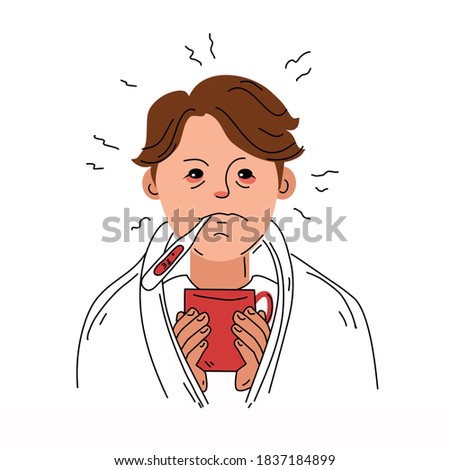 Vector illustration of a person with symptoms of the disease . A character with a thermometer in his mouth, in a blanket with a Cup of hot drink. Flat Cartoon Illustration.